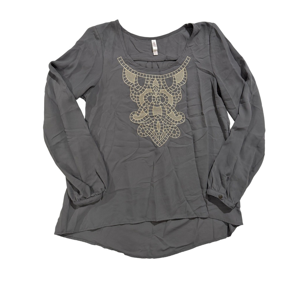 Xhilaration Gray Embroidered Peasant Blouse Size Large Boho Top